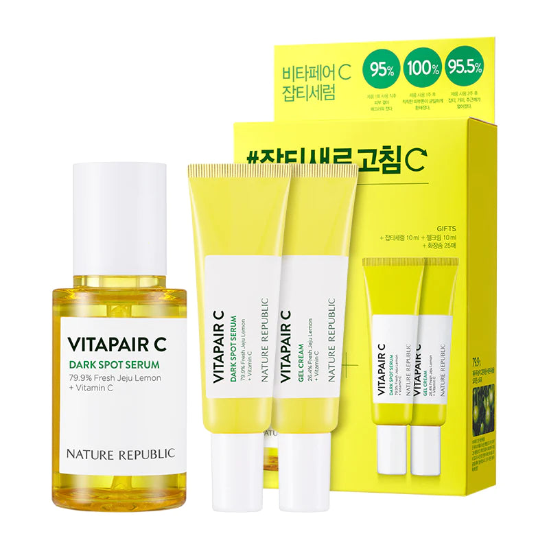 Set de produse cu vitamina C pentru pielea hiperpigmentata sau cu pete post-acneice Vitapair C Dark Spot Serum Special Set, Nature Republic - BLIVELY.RO